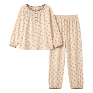 
Pure cotton double layer gauze pajamas women pullover postpartum pregnant women large size cute cartoon baby cotton yarn home clothing set