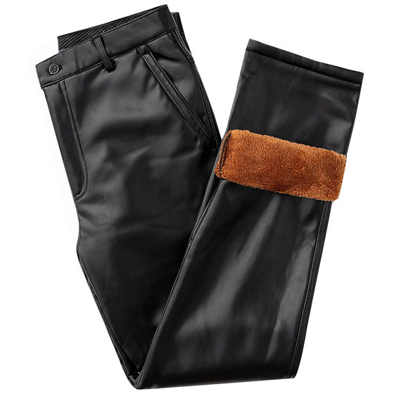 Slim leather pants men with velvet thick elastic small feet in winter warm trend locomotive windproof waterproof and waterproof riding motorcycle