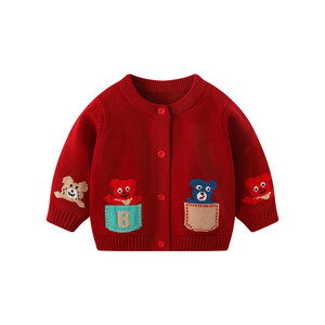 
Baby boy's winter sweater, autumn and winter baby knitted sweater jacket, boy's red top, children's New Year's greeting clothes