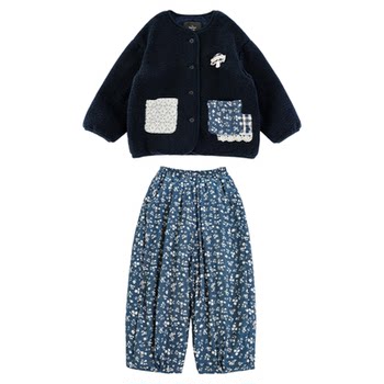 Youyou Girls 2025 Winter New Retro Thickened Plush Jacket Plus Velvet Warm Floral Children's Pants Suit