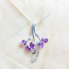 天然紫水晶花朵项链吊坠 925银镀18K白金男式女式项坠 C911412