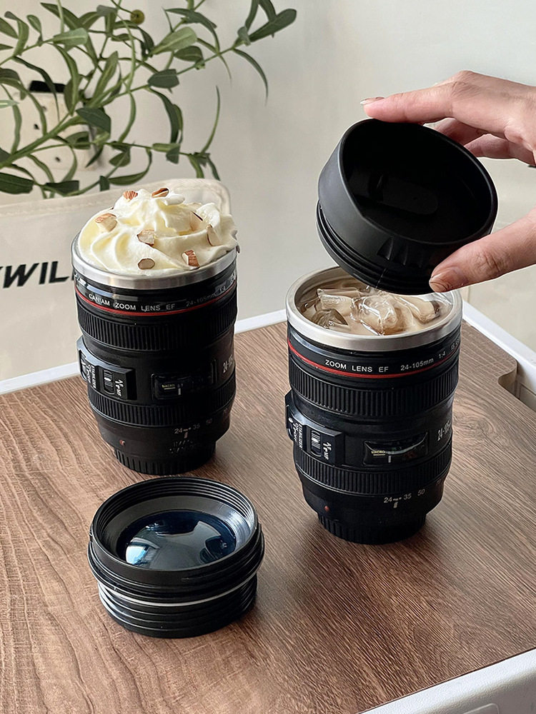 Lens-shaped water bottle for video recording, DSLR photography, insulated cup for men, unique design, creative, quirky camera, coffee cup - .com