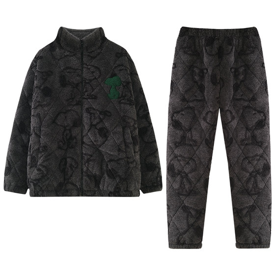 
Beiyan Snoopy coral velvet quilted couple pajamas for women winter new thickened warm cotton jacket men's large size suit