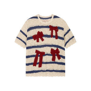 
Mom ~ 2026 new summer designer handmade bow striped wool sweater T-shirt