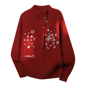 
Charles Love Heart New Year Red Sweater for Men and Women Spring and Autumn Style Designed Knitted Sweater Couple Versatile Trendy Brand Top