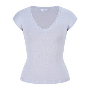 
MosesQueen purple small flying sleeves knitted v-neck t-shirt women's summer pure desire waist short-sleeved top