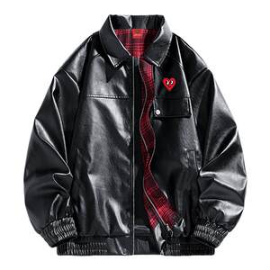 
Charles Peach Heart American retro plaid PU leather jacket men's spring and autumn lapel windproof motorcycle jacket