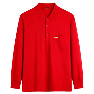 The new middle -aged and elderly long -sleeved T -shirt pure cotton male father installs an advertising shirt red this year of life lapel middle -aged bottom shirt
