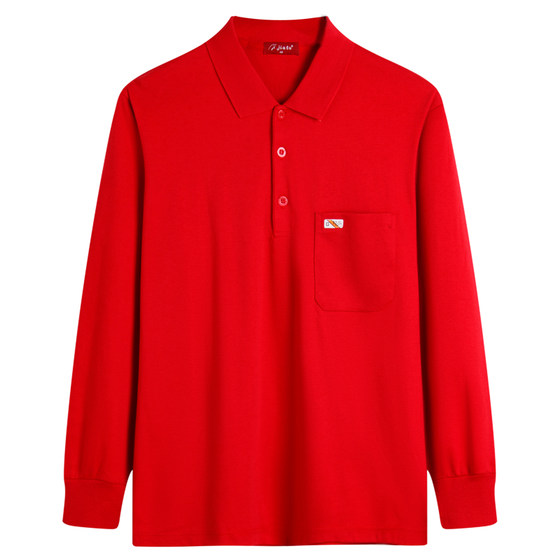 The new middle -aged and elderly long -sleeved T -shirt pure cotton male father installs an advertising shirt red this year of life lapel middle -aged bottom shirt

