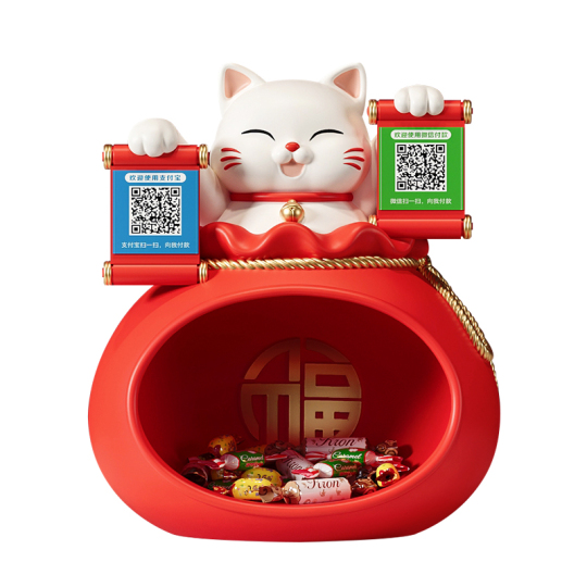 レジン招き猫オーナメント - 赤い幸運袋 - 花と草のホール