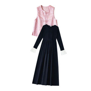 
Maternity dress set Spring and Autumn 2026 new pink sweet trendy mom vest new Chinese style bottoming skirt two-piece set