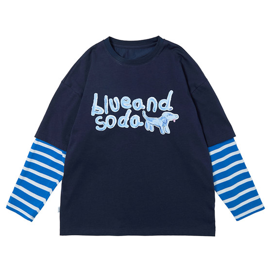 
Blue Soda 2026 Spring New Boys T-shirt Trendy Cool Letters Teenagers Fake Two-piece Cotton Long-Sleeved Top