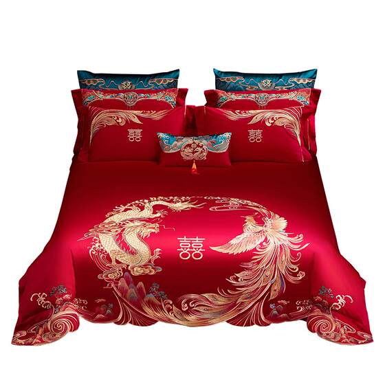 Mercury Home Textile 60S Long Waist Cotton Wedding Four-Piece Set Red Cotton Embroidery Kit Wedding Light Luxury Quilt Cover Bedding