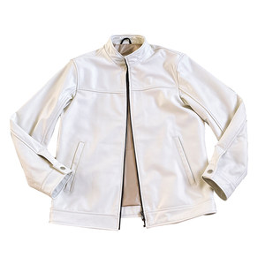 
High-end soft first-layer calfskin motorcycle jacket, slim-fit stand-up collar cycling jersey, white genuine leather jacket for men