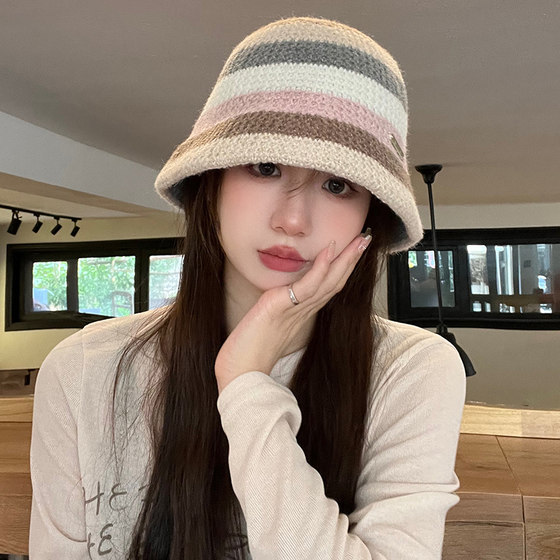 여성용 스트라이프 컬러 블록 핸드 니트 모자 한국어 버전 새 분지 모자 얼굴이 보이는 따뜻한 모직 모자 작은 어부 모자 유행