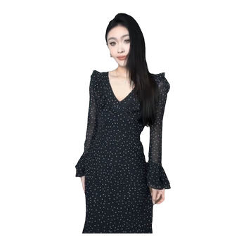 French coffee break black V-neck polka dot dress