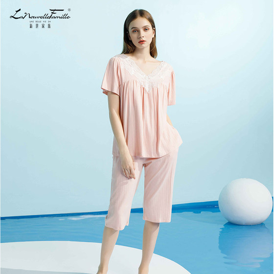 Xinshi 가족 모달 면 잠옷 여성 2024 새로운 여름 겉옷 가슴 패드 올인원 홈웨어 세트