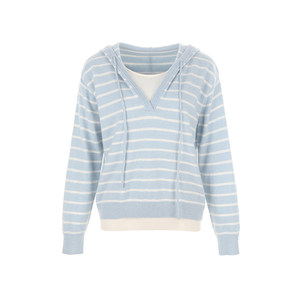 
wana try100% wool commuter striped V-neck fake two-piece knitted sweater spring and autumn new Korean tops for women