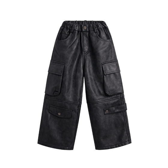 
redcopper children's clothing boys and girls 2025 new autumn and winter children's straight plush casual leather pants trousers for children in autumn and winter