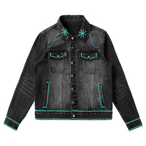 
Yuxi Men's Black Studded Green Beaded Denim Loose Fashionable Old Versatile Casual Jacket Top Jacket Trendy 098