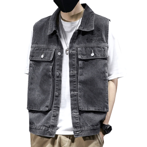 
Spring denim vest men's trendy ins sleeveless vest jacket spring and autumn workwear large pocket vest embroidered horse clip