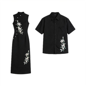 New Chinese couple dress summer niche design sense short -sleeved shirt women's cheongsam dress French skirt