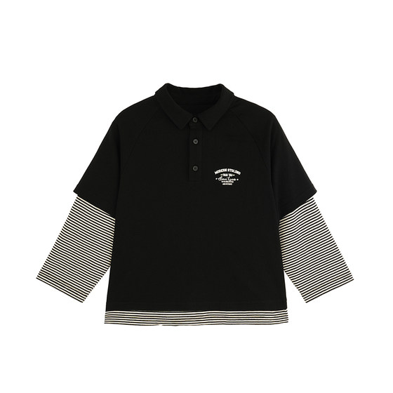 
Yantaijia boys' fake two-piece Category A long-sleeved T-shirt spring children's clothing male baby clothes children's black and white striped tops