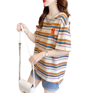 Large size women's summer new European goods large version of color striped short -sleeved T -shirt women loose embroidery cotton top tide
