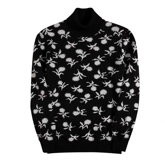 
Celebrity style winter men's turtleneck cashmere sweater, loose, warm, fashionable, floral pattern, young men's lapel sweater