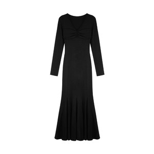 
MULVAN black knitted v-neck dress for women with long sleeves, slim and sexy, hip-hugging fishtail dress, long skirt