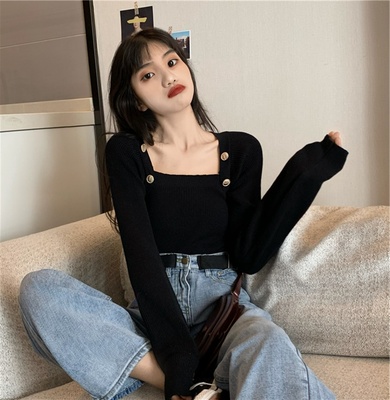 taobao agent Black autumn jacket, bra top, knitted sweater, plus size, square neckline, fitted, western style, french style