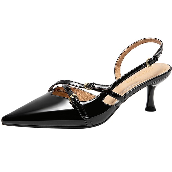 
Qianbaidu Cow Patent Leather Stiletto Fashion Sandals Women's New Pointed Toe Baotou Back Sliding Beautiful Sandals with Versatile Temperament