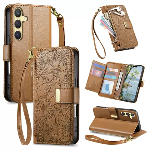 Embossed Floral Leather Wallet Phone Case with Wrist Strap Phone Case