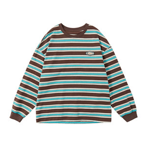 
Blue Soda 2026 Spring Retro Contrast Color Striped Long Sleeve T-Shirt for Boys and Girls Loose Teenagers Round Neck Top