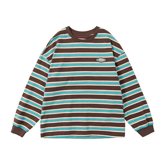 
Blue Soda 2026 Spring Retro Contrast Color Striped Long Sleeve T-Shirt for Boys and Girls Loose Teenagers Round Neck Top