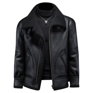 Fur integrated men's winter large size plus velvet thickened leather jacket short motorcycle suit leather jacket men's lamb fur jacket