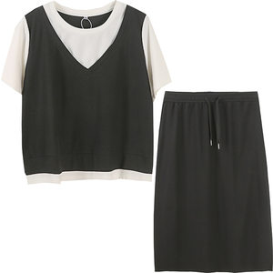 
Large size women's clothing 200*0.5kg fat mm summer loose slim and fashionable casual vacation two-piece T-shirt skirt two-piece suit
