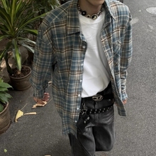 American retro blue plaid shirt, men's and women's loose oversized couple, spring and autumn plaid shirt, Hong Kong style