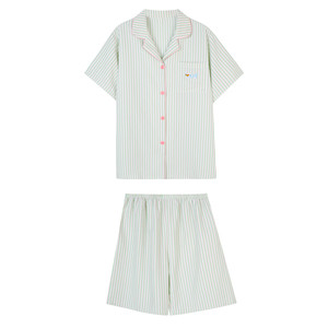 馨帮帮 条纹翻领睡衣女款夏薄款卡通可爱小狗短袖短裤家居服套装
