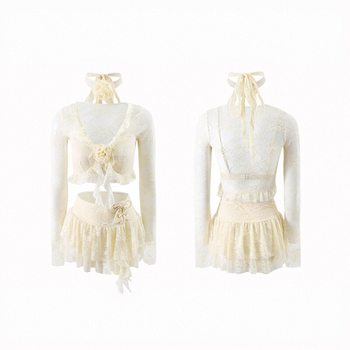 Roca art new pure desire lace flower horn sleeve shows thinning gathered hot spring holiday skirt split swimsuit female
