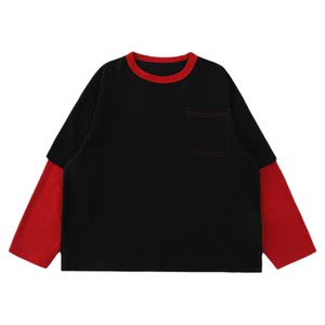 
oddtails boys spring black and red contrast fake two-piece long-sleeved T-shirt 2026 fashionable casual round neck top trend