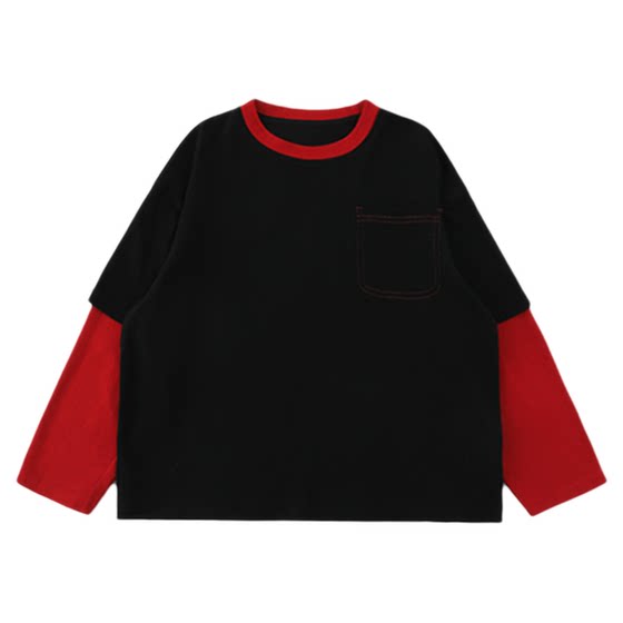 
oddtails boys spring black and red contrast fake two-piece long-sleeved T-shirt 2026 fashionable casual round neck top trend