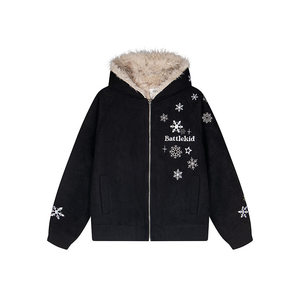 
NTBF American retro snowflake embroidery mountain carving cotton clothing for men and women couples large fur collar hooded loose jacket