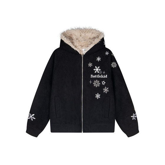 
NTBF American retro snowflake embroidery mountain carving cotton clothing for men and women couples large fur collar hooded loose jacket