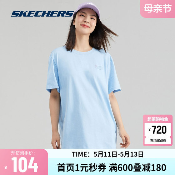 Skechers 공식 아울렛 2024 여름 신작 캐주얼 스포츠 티셔츠 라운드 넥 반팔 남성용 및 여성용 클래식 프린트