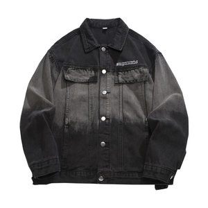 
Black gradient denim jacket men's spring and autumn American retro washing jacket trendy brand handsome casual top