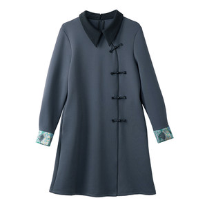 
Boucherie Lapel Button Chinese Straight Dress 2026 Spring New Long Sleeve Splicing Women's Midi-Length Skirt