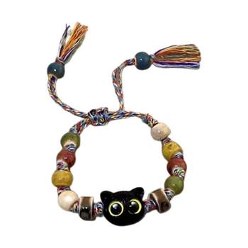 Skeleton cat ceramic braided rope bracelet for women niche design sweet and cool Chinese style tassel color bracelet handpiece