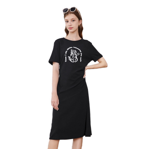 
betu Baitu Women's Clothing 2024 Summer New High Waist Slim Slit Slit Round Neck Short Sleeve Black Dress