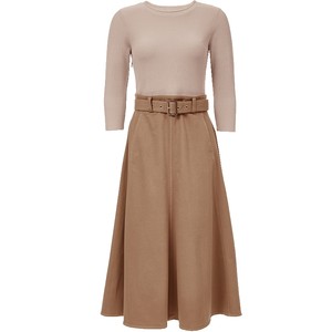 
ONLY2025 Autumn New Slim Knitted Spliced ​​Denim Umbrella Skirt Round Neck High Waist Three-quarter Sleeve Dress Women